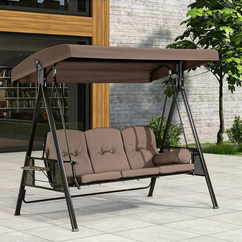 3-Seat Deluxe Outdoor Patio Porch Swing with Weather Resistant Steel Frame, Adjustable Tilt Canopy, Cushions and Pillow Included