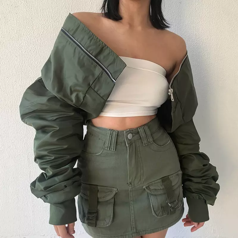 High Waisted Cropped Flight Jacket Women Spring Autumn Long Sleeved Folds Zipper Outerwear Casual Loose-fit Bomber Jackets Coat