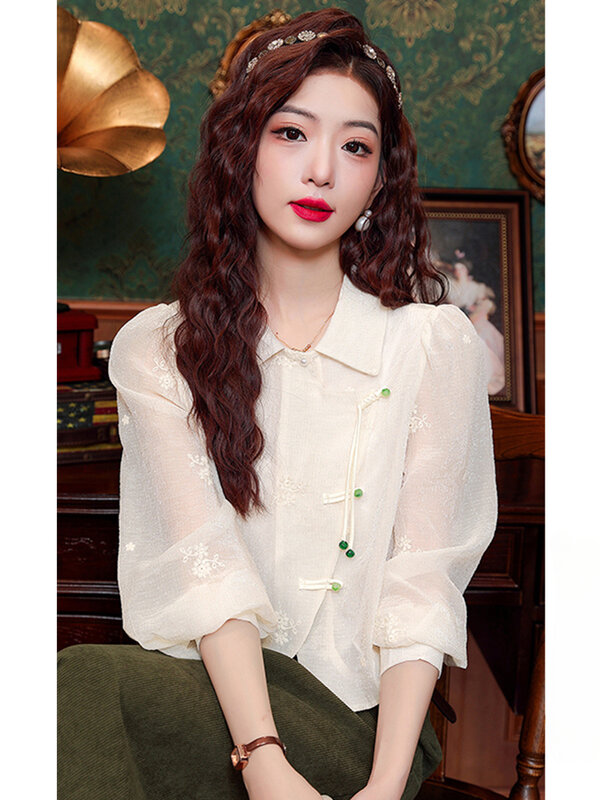 Nowa chińska odzież damska, koszula z długim rękawem zapinana na guziki w stylu chińskim, mała koszula, krótki szyfonowy top