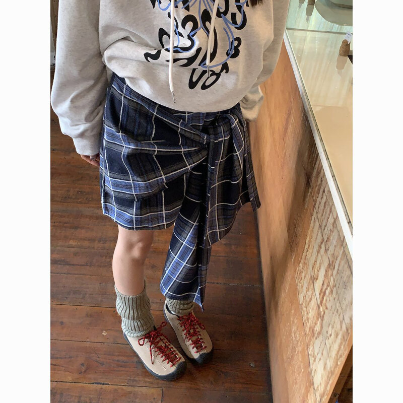 Клетчатая мини-юбка Deeptown, винтажная Женская Милая Короткая юбка в стиле преппи, Повседневная Уличная одежда, корейская модная трапециевидная юбка неправильной формы
