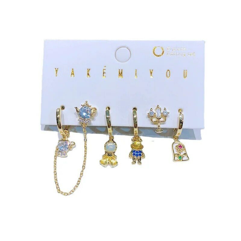 MIGGA 6pcs Cubic Zircon Crystal Princess Drop Earrings Set Original Fairy Tale Women Party Jewelry