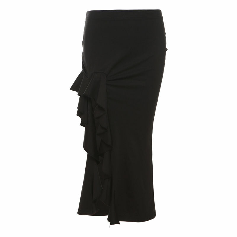 Deeptown-faldas largas negras góticas para mujer, ropa de calle femenina, de cintura alta Bodycon, Punk, con volantes, Sexy, con abertura Midi, Irregular, Y2k