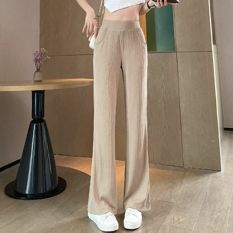 Celana Kaki Lebar Pinggang Elastis Warna Polos Saku Kesederhanaan Musim Panas Pakaian Wanita Celana Panjang Tipis Longgar Berlipat Wanita Kantor