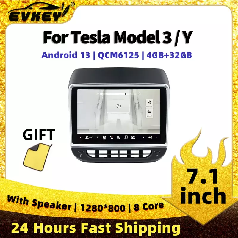 Evkey 7.1 Inch Scherm Voor Tesla Model 3 Y Achterpaneel Android 13 Qualcomm Chip Airconditioner Bediening Multimediaspeler