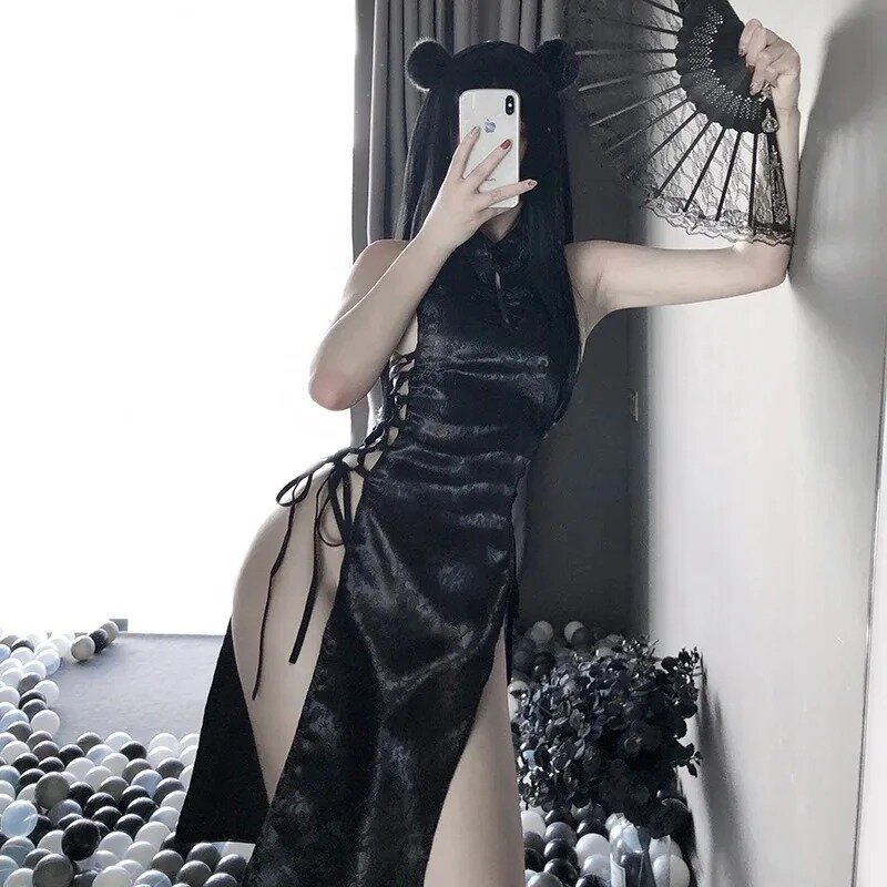 Cheongsams lencería Sexy para mujer, vestido Qipao de vendaje con abertura alta, uniforme tradicional chino, vestido de fiesta con bragas