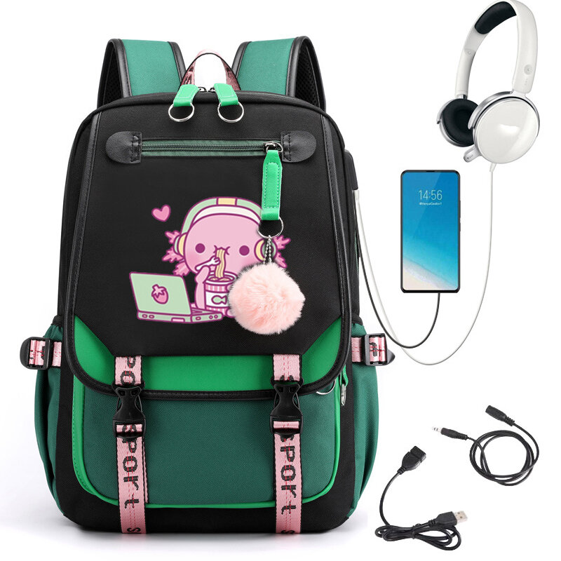 Tas ransel tas punggung anak perempuan tas sekolah anak remaja perempuan lucu Axolotl cinta mie instan Anime ransel utama