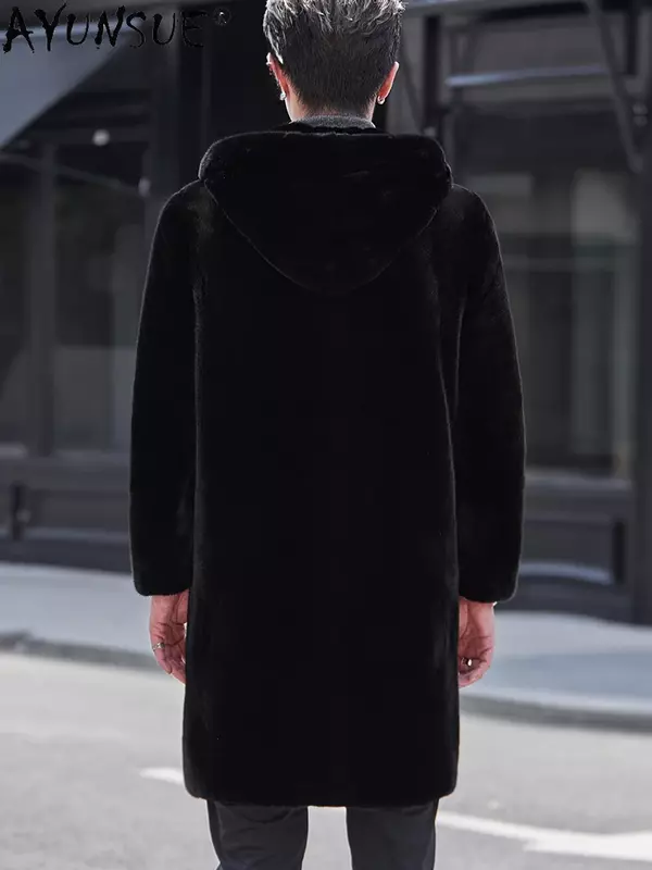 AYUNSUE naturalne futro męskie kurtki zimowe nowy luksusowy jednorzędowy futra z norek z kapturem prawdziwe futra z norek długa odzież wierzchnia