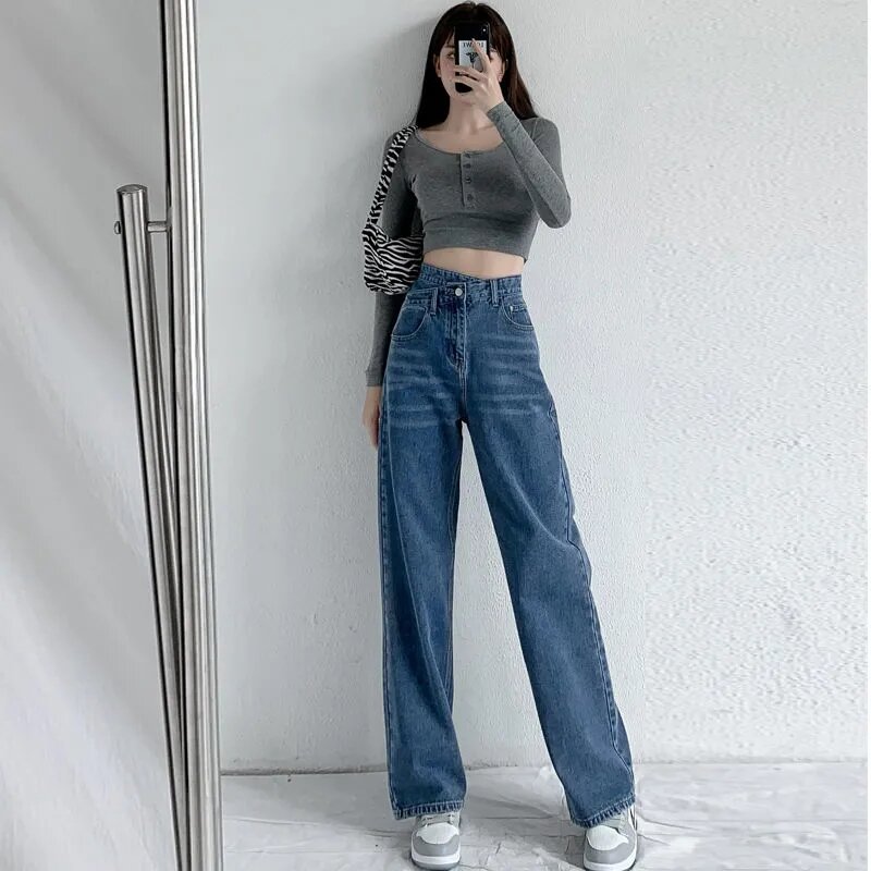 Mode Streetwear Wijde Pijpen Jeans Voor Dames Lente Herfst Hoge Taille Baggy Vintage Vaqueros Korean Casual Onregelmatige Rechte Broek