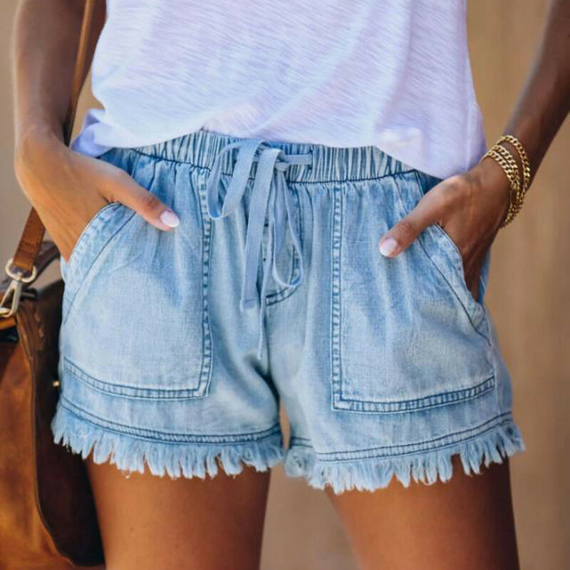 Shorts jeans casual com cordão para mulheres, elástico na cintura, borla, bolso solto e confortável, nova moda, verão 2022