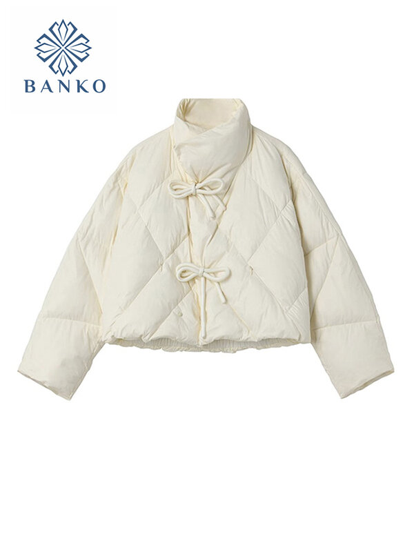 Новинка, модное повседневное белое зимнее пальто, женская многофункциональная утепленная однотонная куртка Y2K с бантом, облегающая верхняя одежда в Корейском стиле
