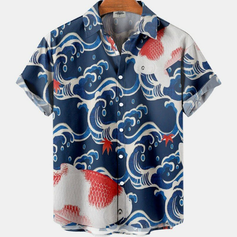 남성용 빈티지 꽃무늬 캐주얼 반팔 셔츠, 야외 하와이안 셔츠, 스트리트 코이 잉어 럭셔리 셔츠, 여름 신상, 여름 2023