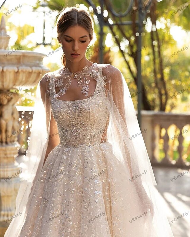 ชุดแต่งงานที่สวยงามสำหรับผู้หญิง2024ชุดเจ้าสาวผ้าตาข่ายบางเป็นชั้นชุดลูกไม้ appliques คอเหลี่ยม vestidos de Novia