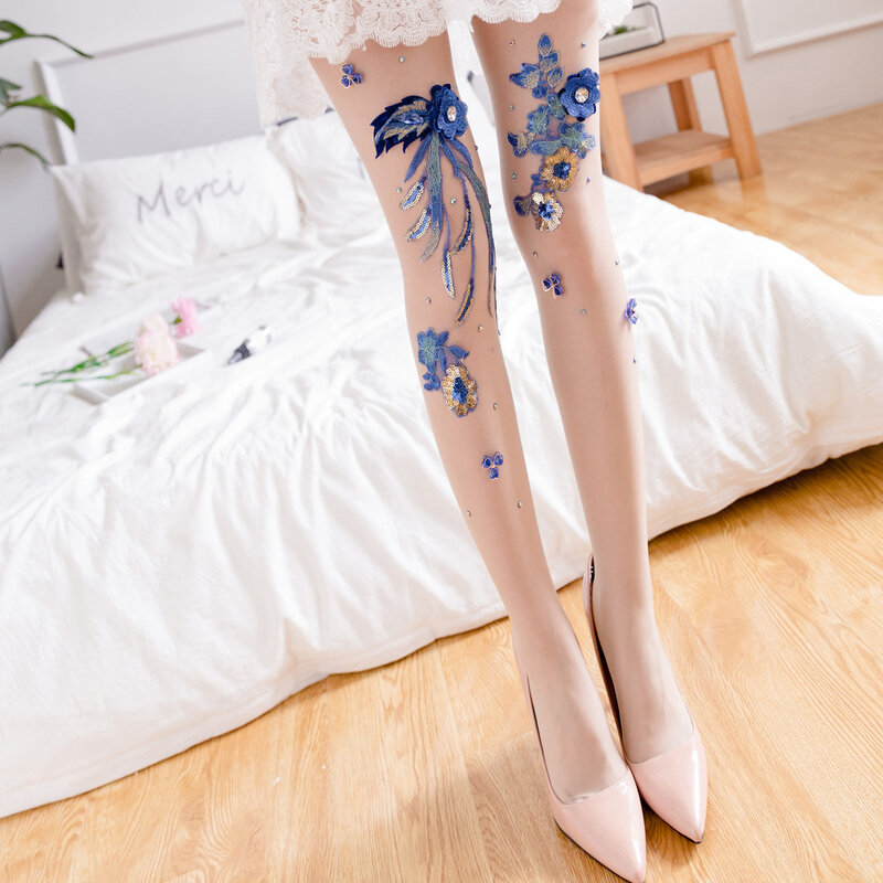 Women Sexy Thin Pantyhose Silk Stockings hot drill Embroidery Flowers Pattern Tights Transparent Temptation stockings For Lady