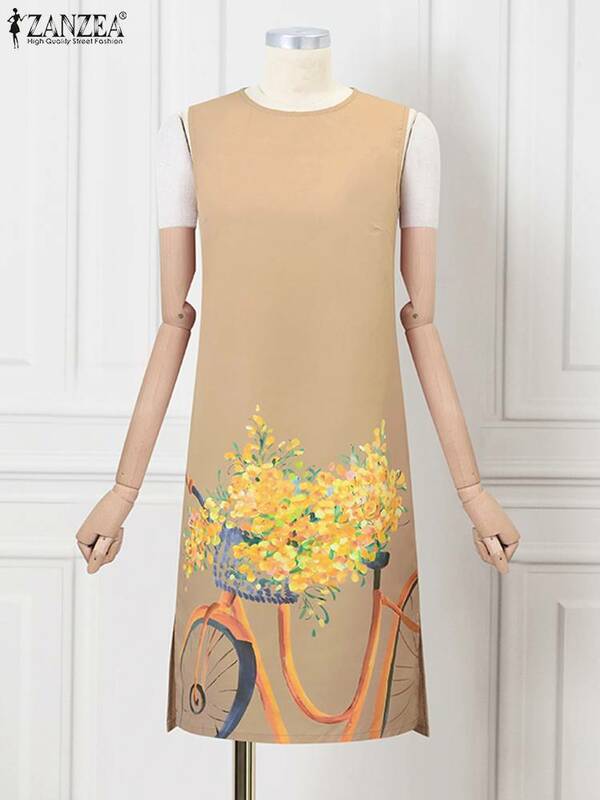 ZANZEA-vestido holgado sin mangas con estampado de flores para mujer, caftán holgado con cuello redondo, estilo informal, para verano, 2024