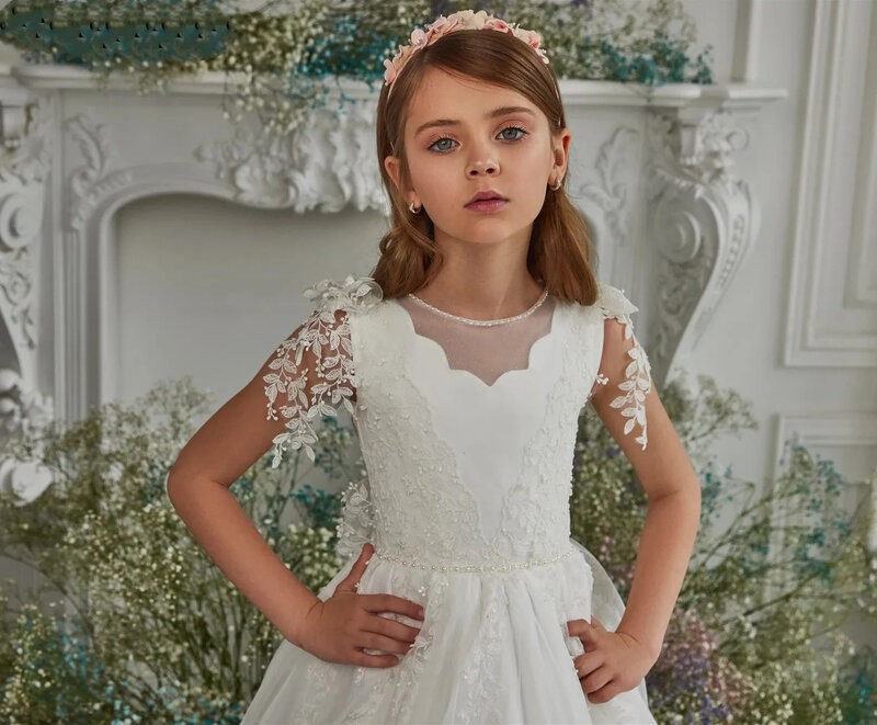 A-Line Flower Girl DressApplique Lace Pearl Bow For Wedding  Floor Length Princess Kids Birthday Party First Communion Ball Gown
