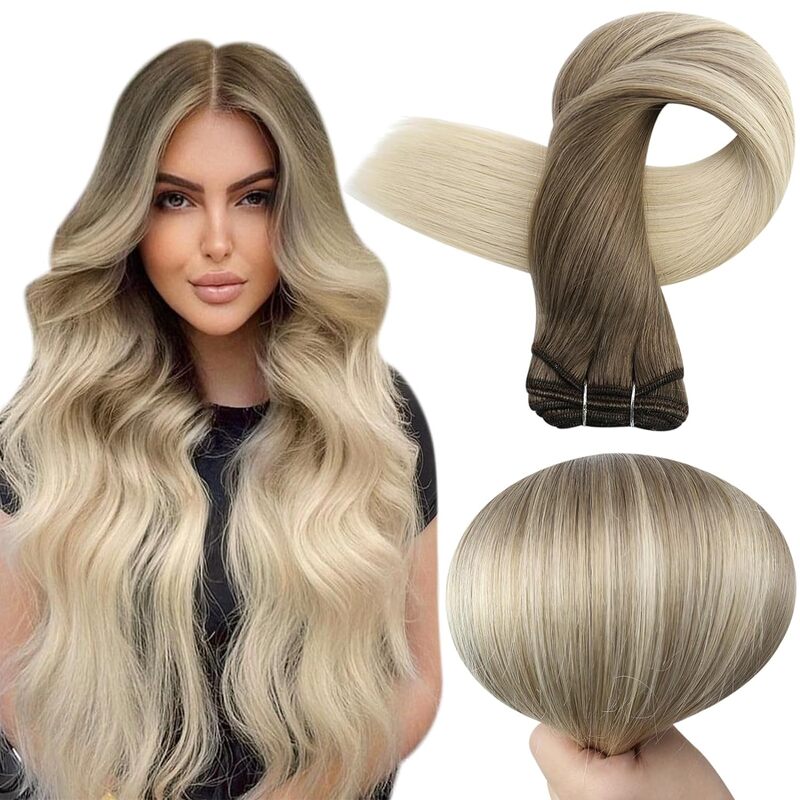 Full Shine Hair Human Weft Extensions, Straight Remy Skin, Double Weft for Salon, Ombre Blonde Color, Sew in Silky, 100g