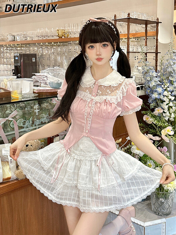 Spring and Summer New Sweet Pure Princess Style Pink Shirt Doll Collar Lace Short Sleeve Top and Cake Skirt Two Piece Suit