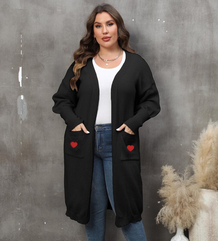 Cardigã de camisola tecida feminino, tamanho positivo, comprimento médio, bolsos duplos, manga lanterna, casual, cor sólida, desgaste exterior, casaco