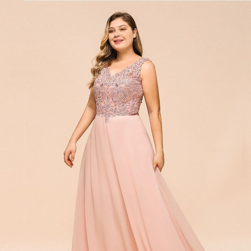 BABYONLINE Pink Prom Dress V Neckling Lace Appqulies Crystal Stones Beads A Line Skirt Chiffon Evening Party Bridesmaid Gown