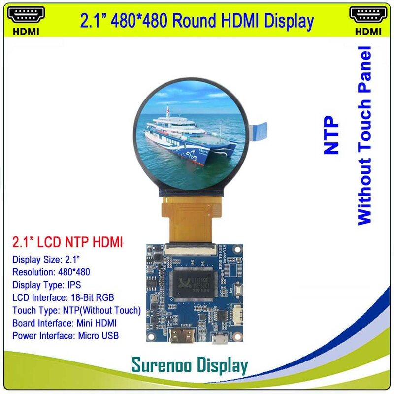 Compatível com HDMI RGB IPS LCD Module Monitor Screen, Painel de toque capacitivo USB, círculo redondo, 2.1 in, 2.8 in, 480x480