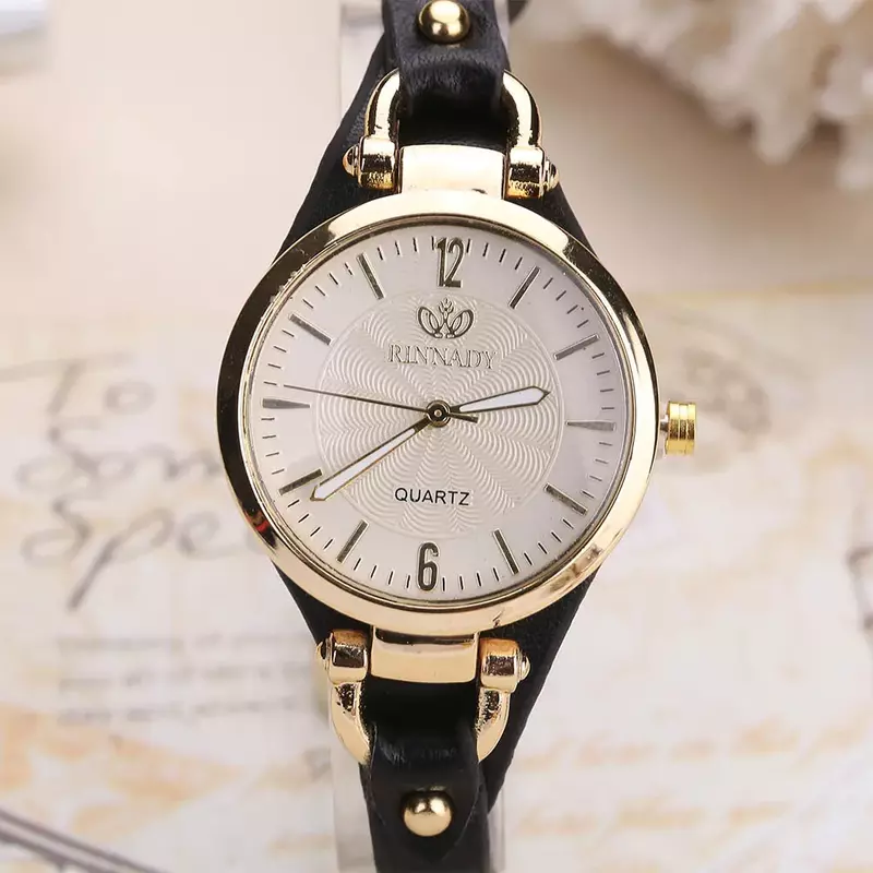 Dropship ผู้หญิงลำลองนาฬิการอบ Dial Rivet PU หนังสายนาฬิกาข้อมือผู้หญิง Analog Quartz ของขวัญนาฬิกาข้อมือ