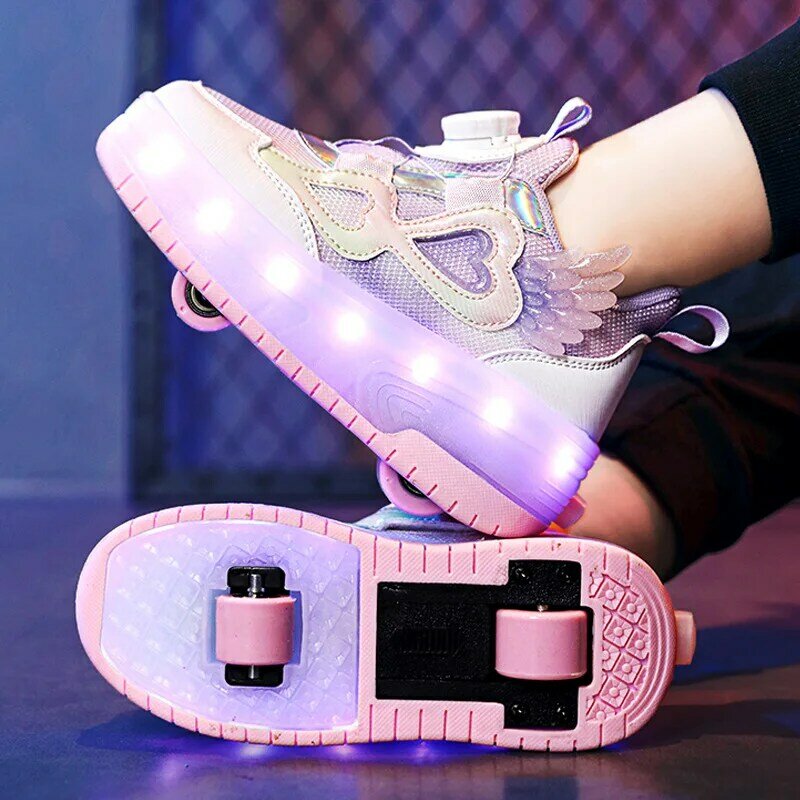 Sepatu Heelys anak perempuan, roda ganda dapat ditarik sepatu roda anak-anak, olahraga sepatu roda anak perempuan, keren dan trendi