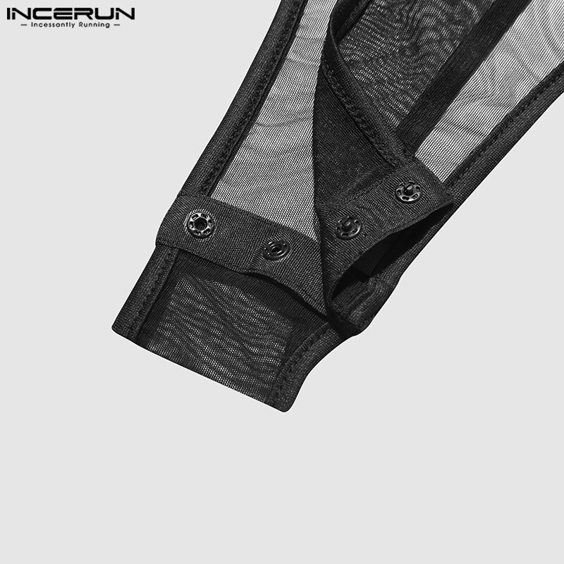 INCERUN-Tenue de batterie pour homme, t-shirt à manches longues et col rond, en maille, patchwork, sexy, pour fitness, transparent, à la mode, 2023