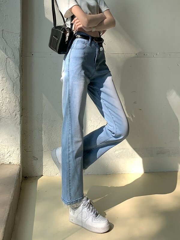 ZHISILAO-Calça jeans feminina até o tornozelo, jeans reto, renda de algodão, elástico, azul, cintura alta, primavera, verão, 2021