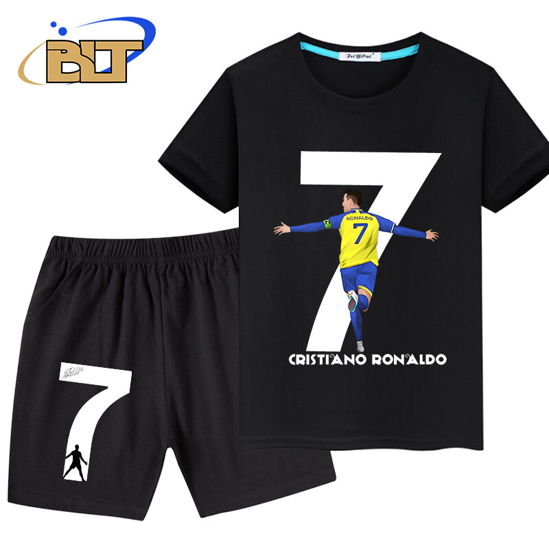 Conjunto infantil de t-shirt e shorts estampados Ronaldo, roupas de verão, conjunto de 2 peças, adequado para meninos