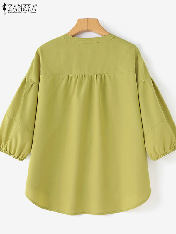 Женская рубашка, летняя Элегантная блузка с круглым вырезом и рукавом 3/4, женские топы для работы, туника 2024 ZANZEA, модные повседневные однотонные Блузы на пуговицах