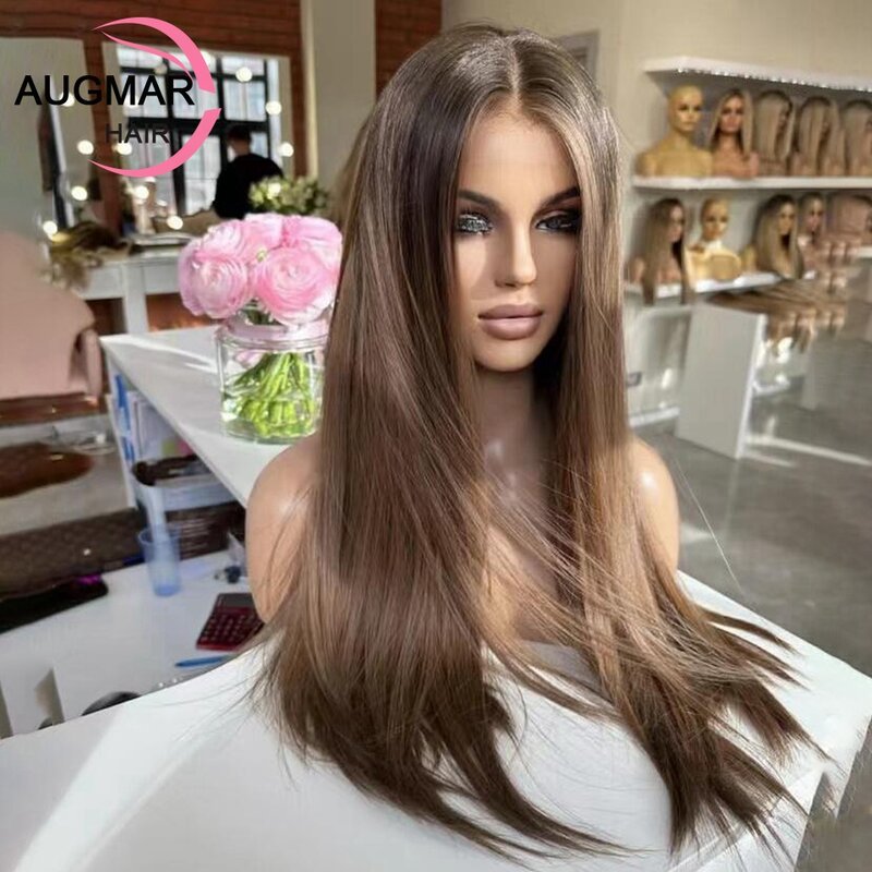 Glueless Chestnut Brown Lace Front Human Hair Wigs Highlight Straight HD Lace Frontal Wig 13x6 360 Lace Front Wig Human Hair