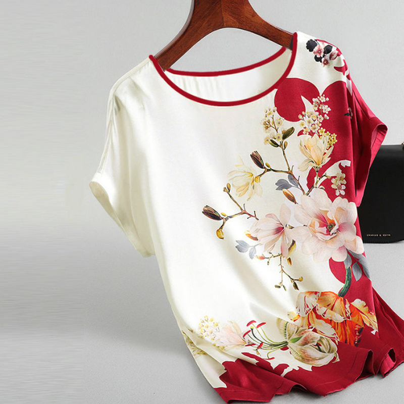 Mode Bloemenprint Blouse Trui Dames Zijde Satijn Plus Size Batwing Mouw Vintage T-shirt Korte Mouw Casual Tops
