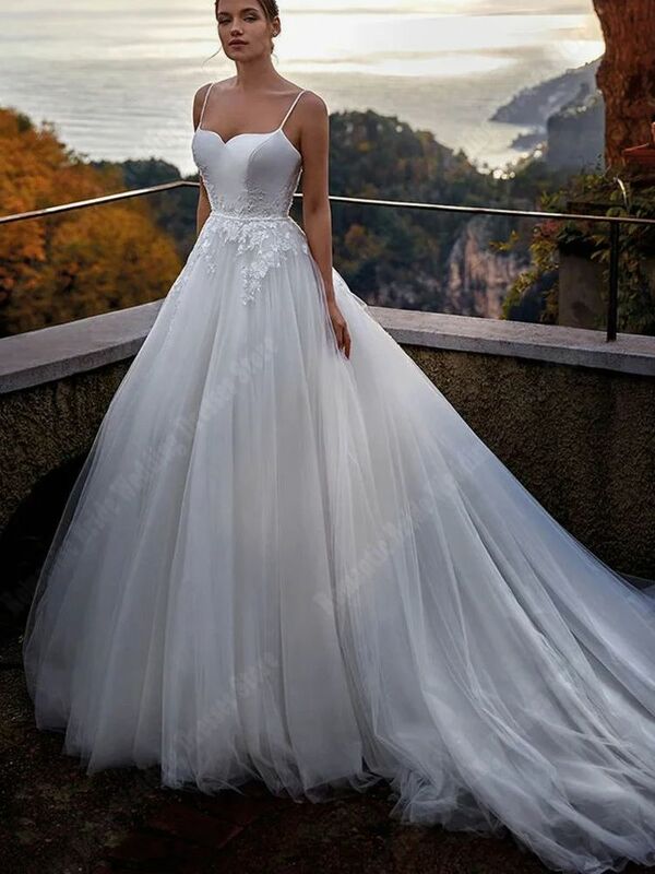 Thin Shoulder Strap Women Wedding Dresses Bright Lace Printing Bridal Gowns Mopping Length Sleeveless Princess Vestido De Novias