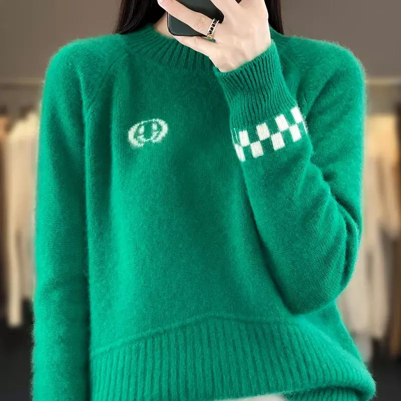 Wysokiej jakości damski sweter z 100% wełny merynosów z dzianiny prosty sweter na szyję z długim rękawem jesienna odzież koreańskich modny top