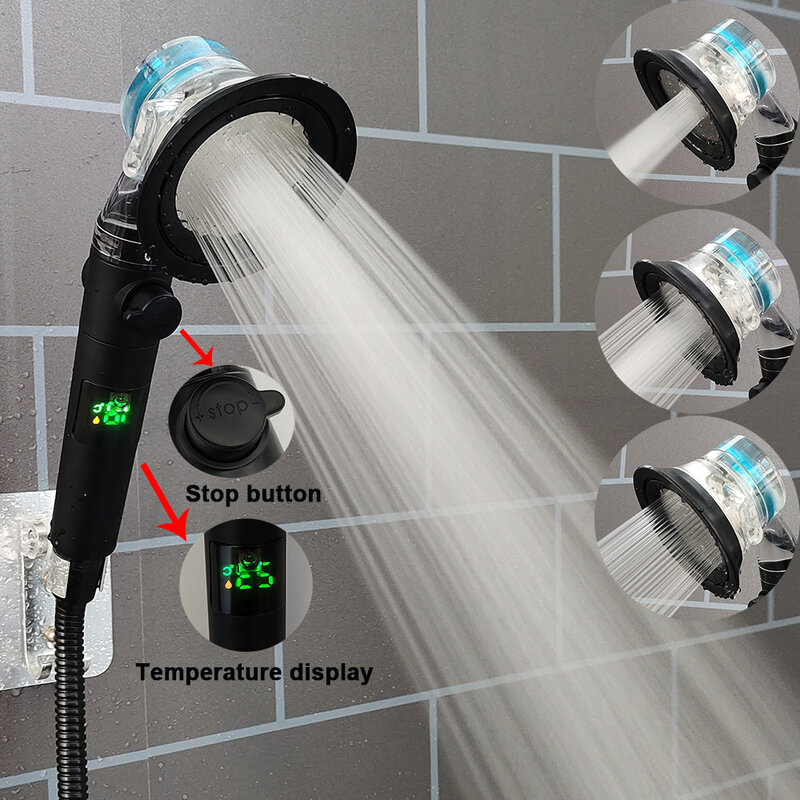 Pommeau de douche à hélice Turbo, affichage de la température, haute pression économie d'eau avec bouton d'arrêt, salle de bain à main