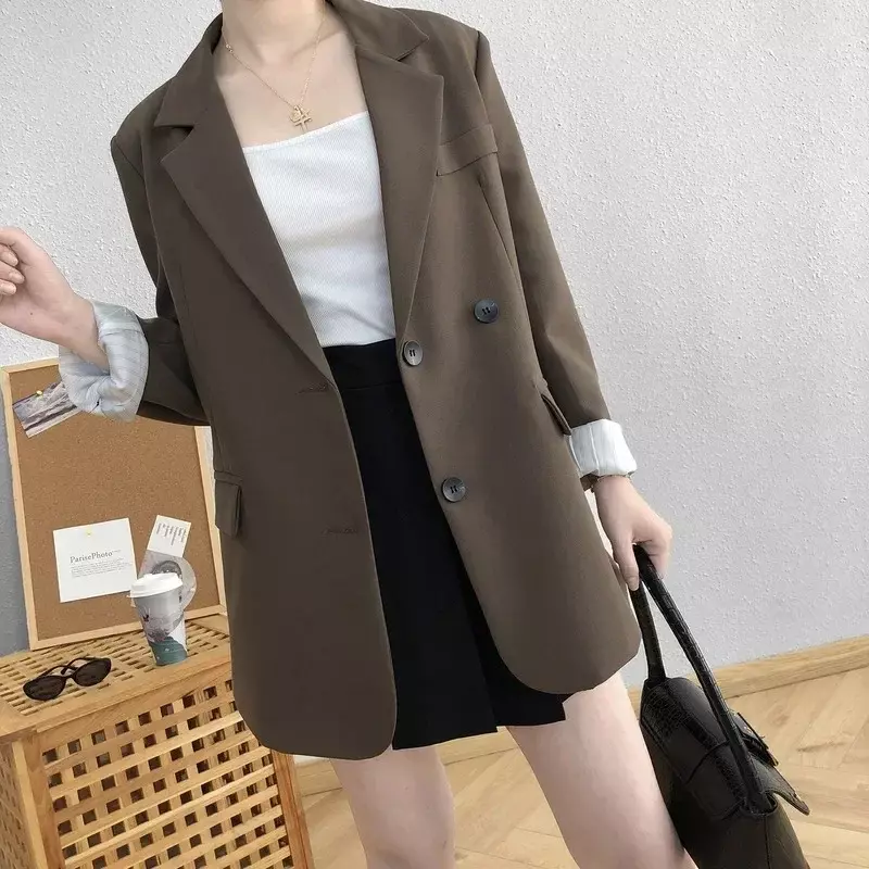 Blazer feminino de peito único, manga comprida, blazers marrons chiques coreanos, roupas soltas, blazer casual BF, roupa de trabalho senhora do escritório, monocromático