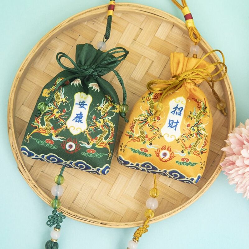 Dragon Year tas keberuntungan gaya Tiongkok, tas penyimpanan perhiasan kantong kecil rumbai bercetak