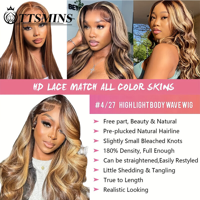 5x5HD Lace Closure Wig Wear And Go Glueless Wigs Body Wave Human Hair For Beginners PrePlucked Pre Cut Lace Highlight 4/27 Ombre