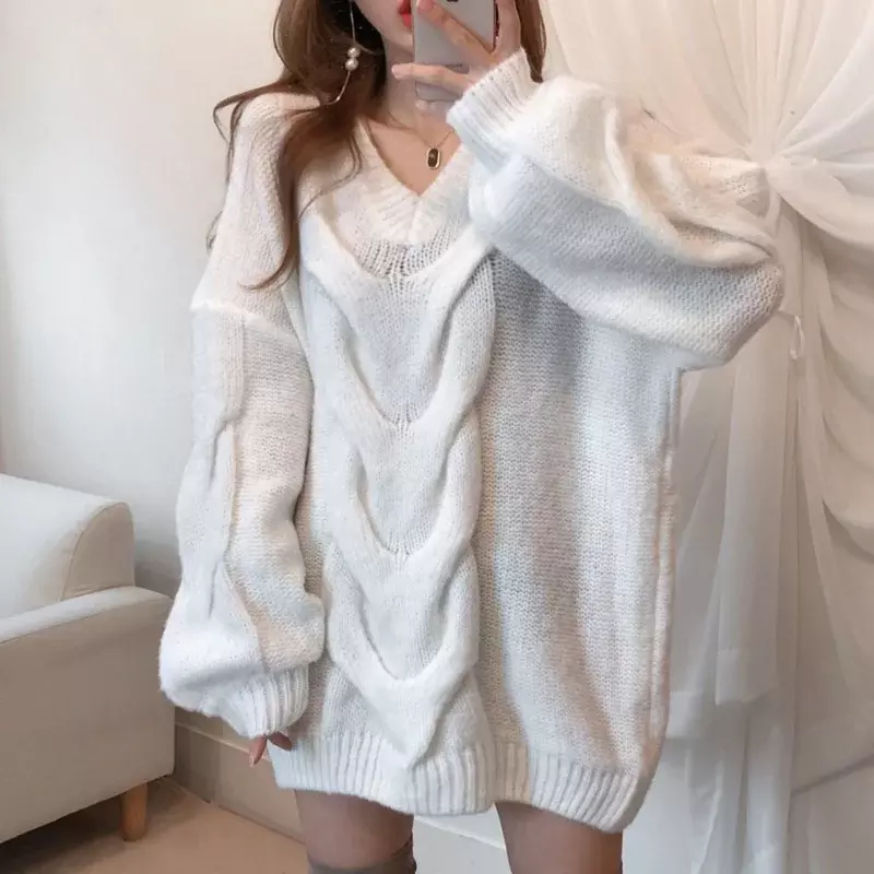  Women's Sweater Korean Autumn Fashion V-neck Loose Hemp Pattern Pattern Casual Loose Long-sleeved Knitted Sweater Top