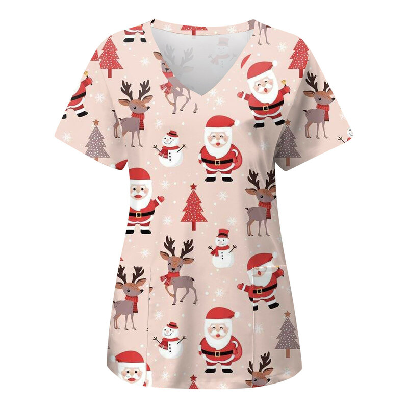 Uniforme de enfermera de Navidad para mujer, Tops con estampado de alce de dibujos animados, monos de bolsillo de manga corta, uniformes médicos, blusa de enfermería