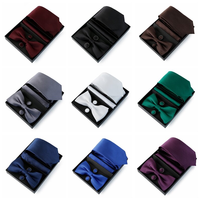 Conjunto gravata Para Os Homens Gravata 7.5 centímetros Gravata de Cor Sólida Para Os Homens Terno de Luxo Abotoaduras Quadrado Bolso Gravata borboleta Gravata Borboleta Gravata Do Presente de Casamento