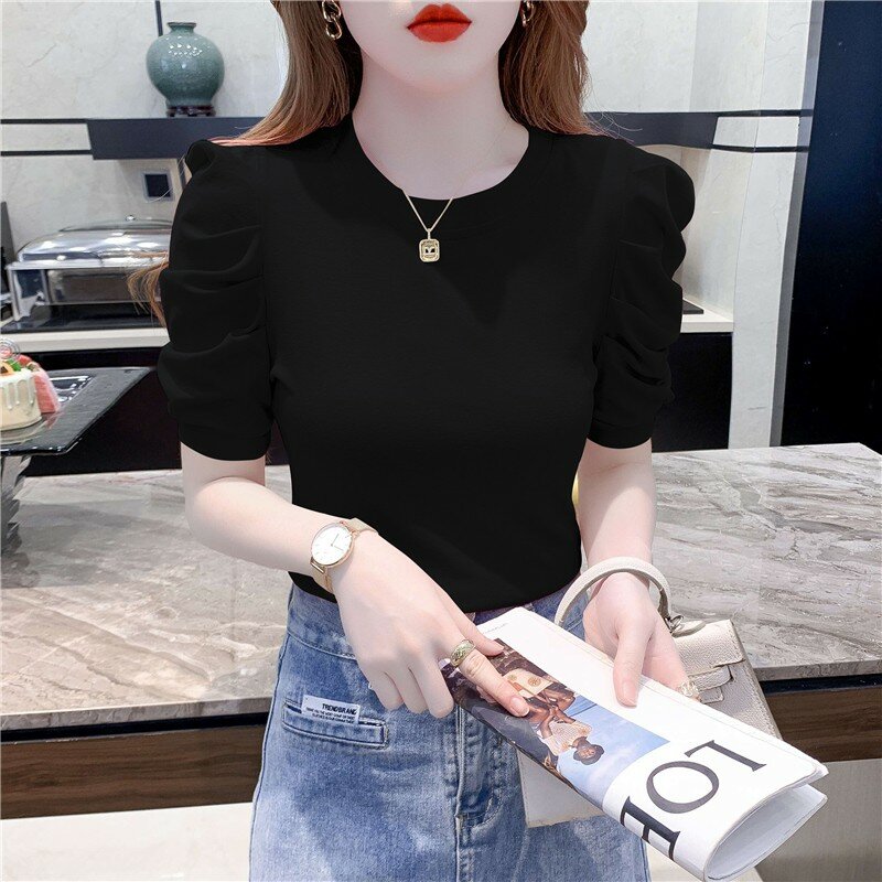 White Short Sleeve T-shirt Women Summer Fresh Style Round Neck Short Top Casual chic Bubble Fold Short Sleeves