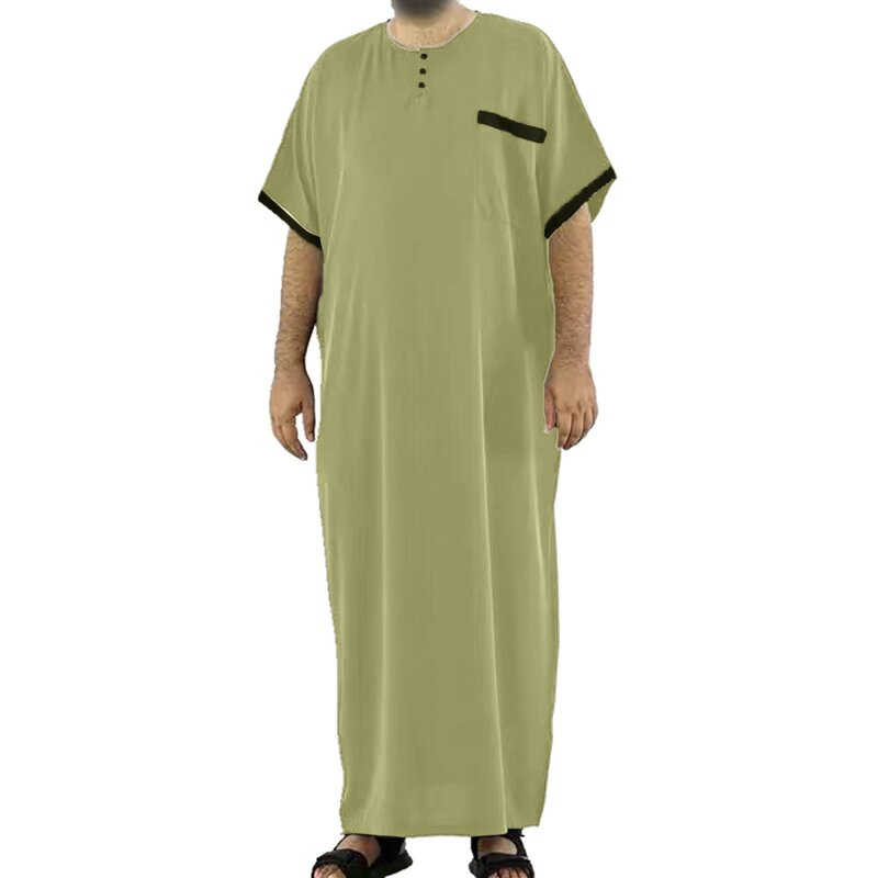 Men Fashion Long Robes Short Sleeve Round Neck Robe Man Vintage Solid Color Muslim Kaftan With Pocket Casual Jubba Thobe
