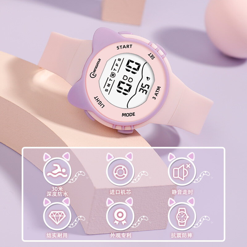 UTHAI C16 여아 및 남아용 귀여운 야옹 스타 시계, 어린이 중고등학교 방수 알람 시계, 전자 시계