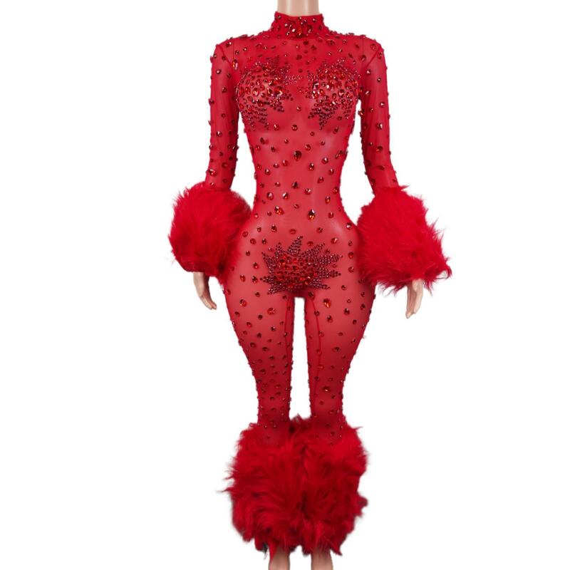 Terusan merah kristal berkilau gaun berlian imitasi berbulu seksi pakaian wanita kostum penyanyi klub malam pakaian DS dansa panggung Guibin