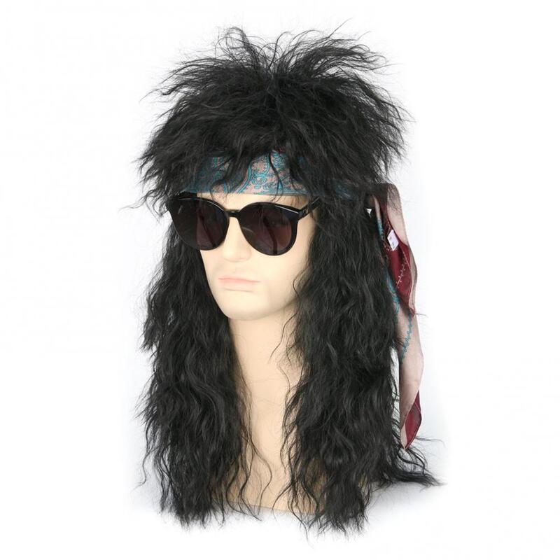 Wig panjang keriting Rocker logam berat Punk rambut palsu Panjang Pria kostum Halloween Wig sintetis Cosplay Wig sintetis alami untuk pria