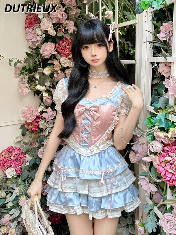 Conjunto de dos piezas de manga corta abullonada, camisa con lazo de encaje y faldas escalonadas, Color rosa y azul, dulce princesa pura, Verano