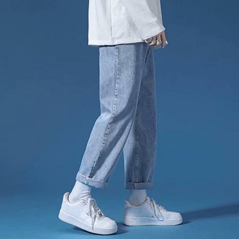 Calça jeans de perna larga masculina, calça bolsos mosca, jeans casual com ajuste solto, streetwear longo, zíper, visual elegante