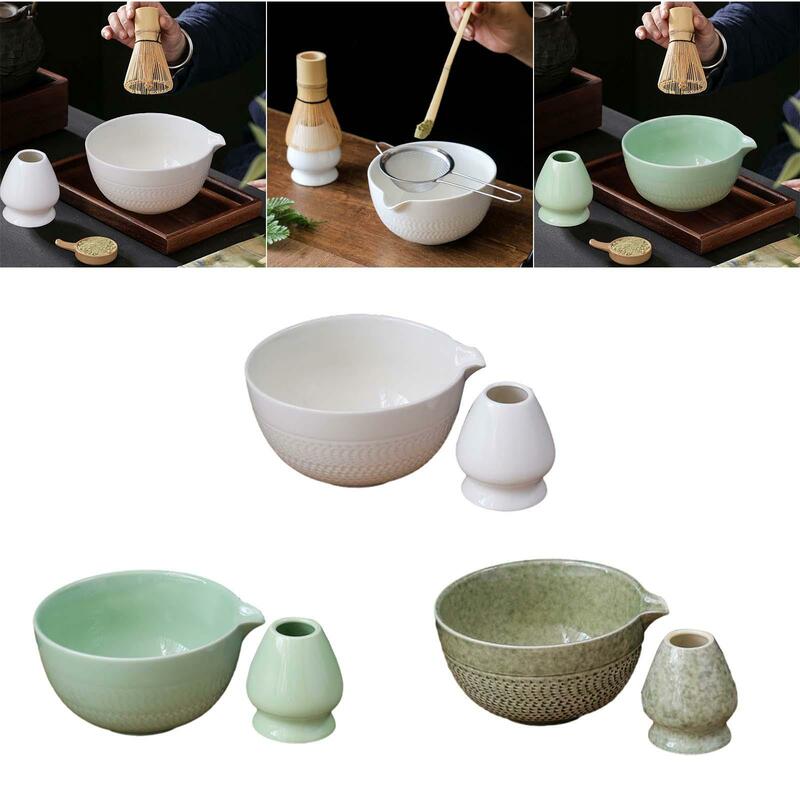 2 Pieces Ceramic Matcha Bowls with Whisk Holder Tea Bowl with Pouring Spout for Traditional Ceremonial Home Bedroom Tea Ceremony