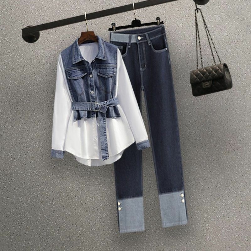 Musim semi dan musim gugur wanita Set BARU edisi Korea pelangsing Fashion usia mengurangi kemeja Pop jalan Jeans dua potong Set